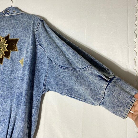 Vintage 90s Marshall Rousso Acid Wash Denim Jacket W Gold Western Accents S - Picture 11 of 16